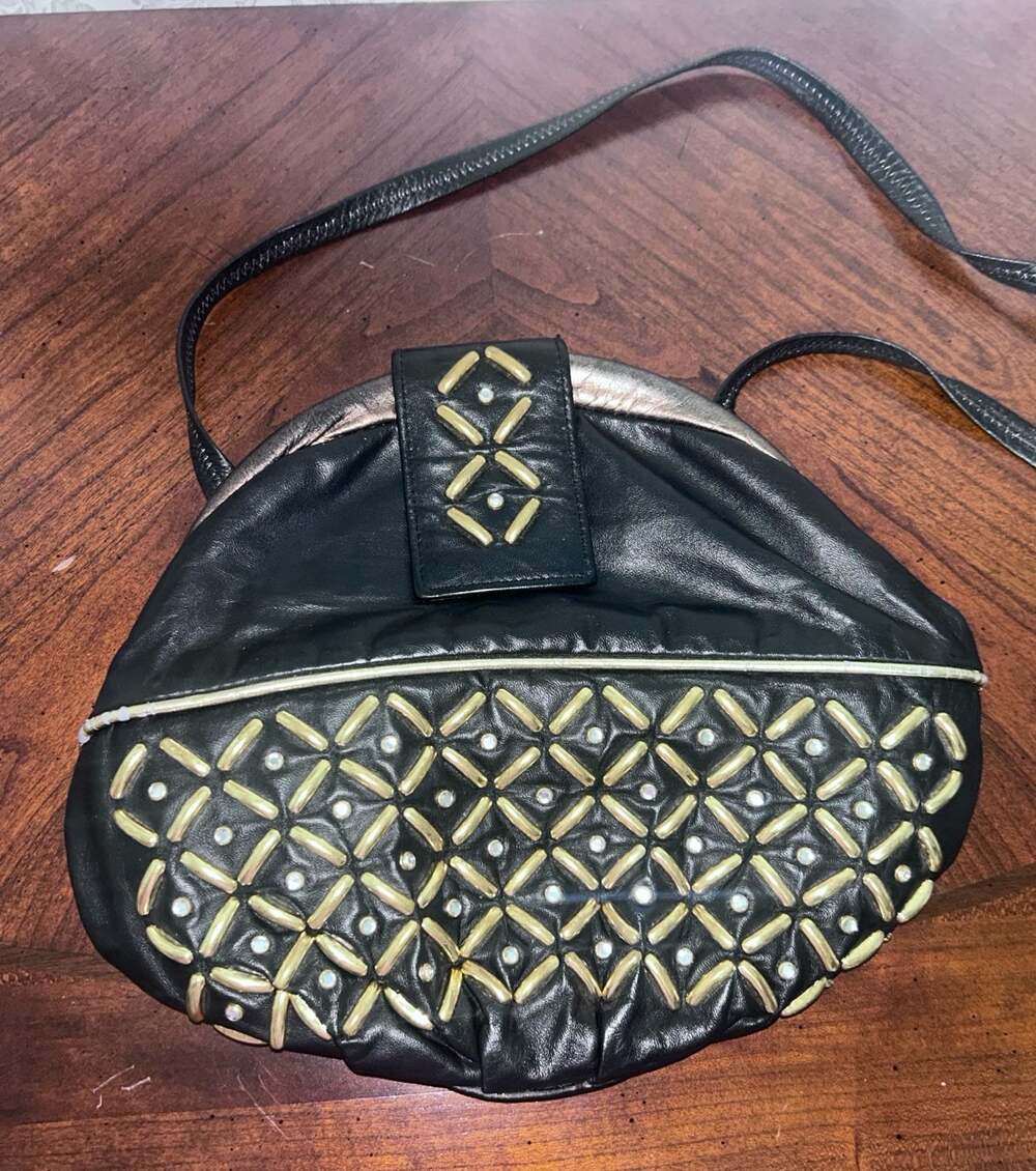 Vintage Paris Handbags Genuine Leather Black Metallic Gold Studded Shoulder Bag